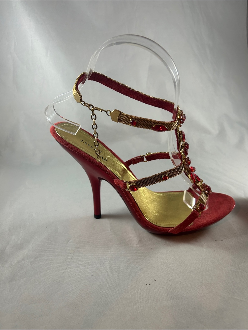 Red Jeweled T-Strap Slingback Heels - Picture 5 of 15